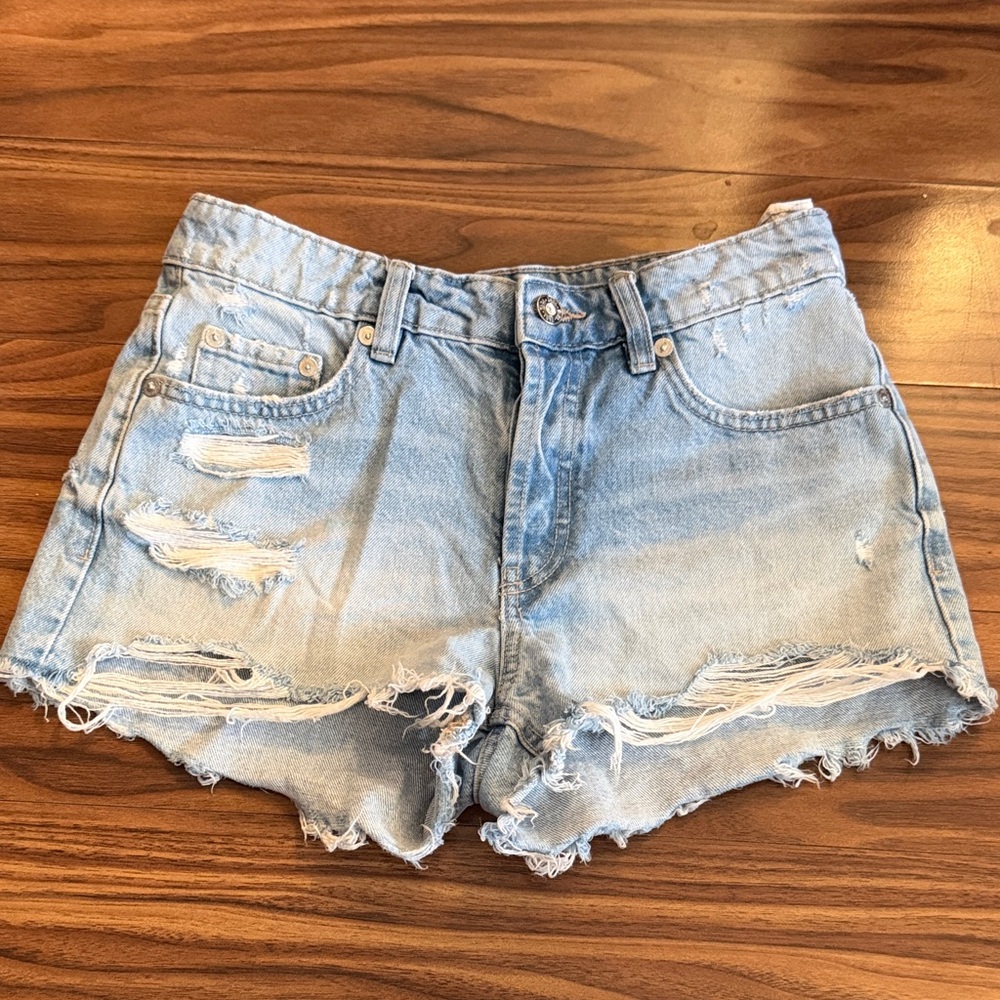 Zara Light Blue Distressed Denim Shorts